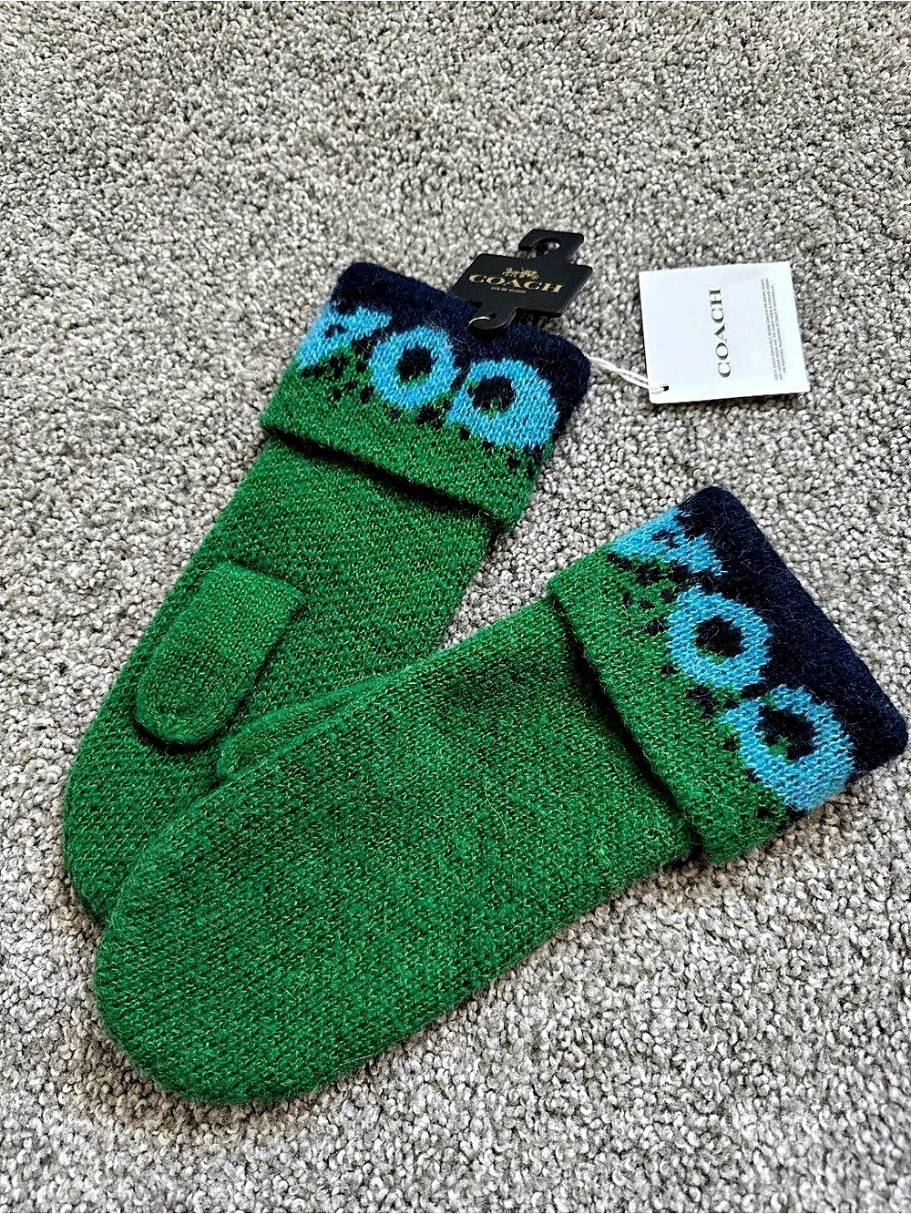 Wool Coach Green & Blue Patterned Mittens NWT